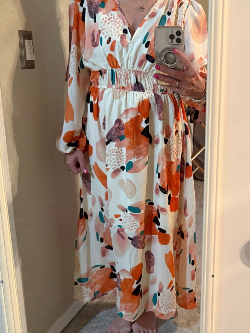 Abstract Ivory Maxi Dress with Orange & Teal Accents